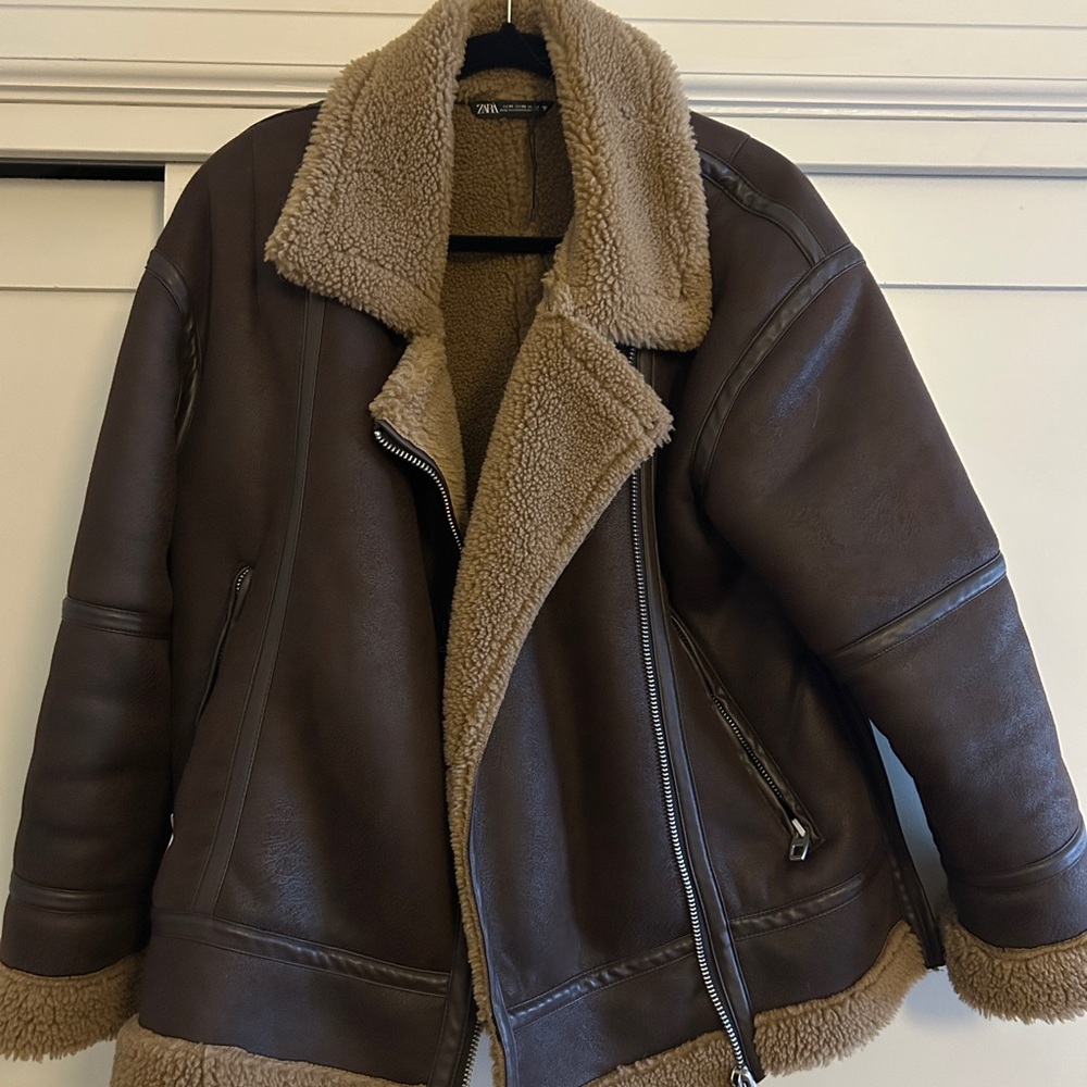 Zara Faux Shearling Jacket - Dark Brown with Camel Lining LIKE NEW!!